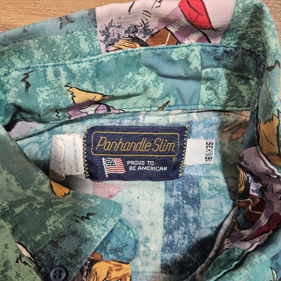 Vintage Parhandle Slim Western Shirt Men’s 16.5 L Teepee Horse Print USA Made - Picture 7 of 10